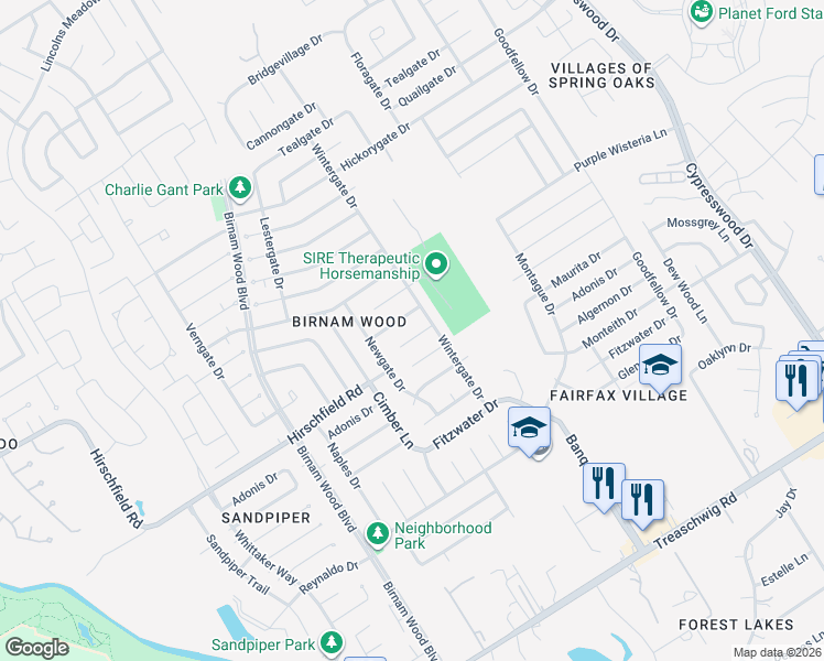 map of restaurants, bars, coffee shops, grocery stores, and more near 4523 Tylergate Drive in Spring