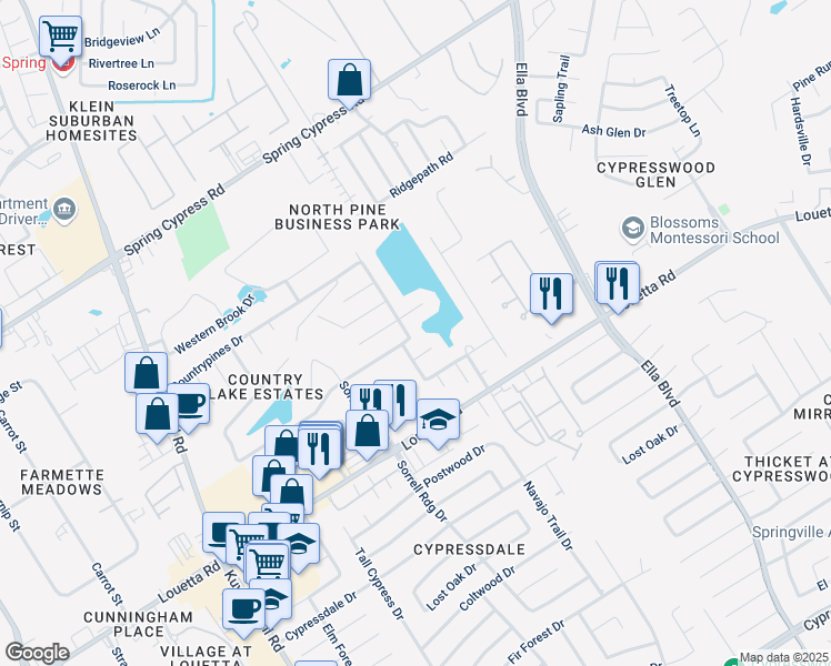 map of restaurants, bars, coffee shops, grocery stores, and more near 19406 Lakeside View Drive in Spring