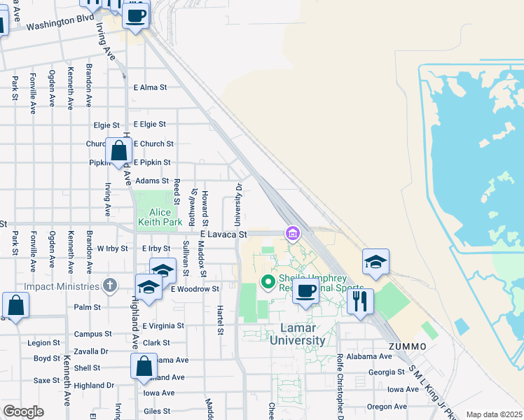 map of restaurants, bars, coffee shops, grocery stores, and more near in Beaumont