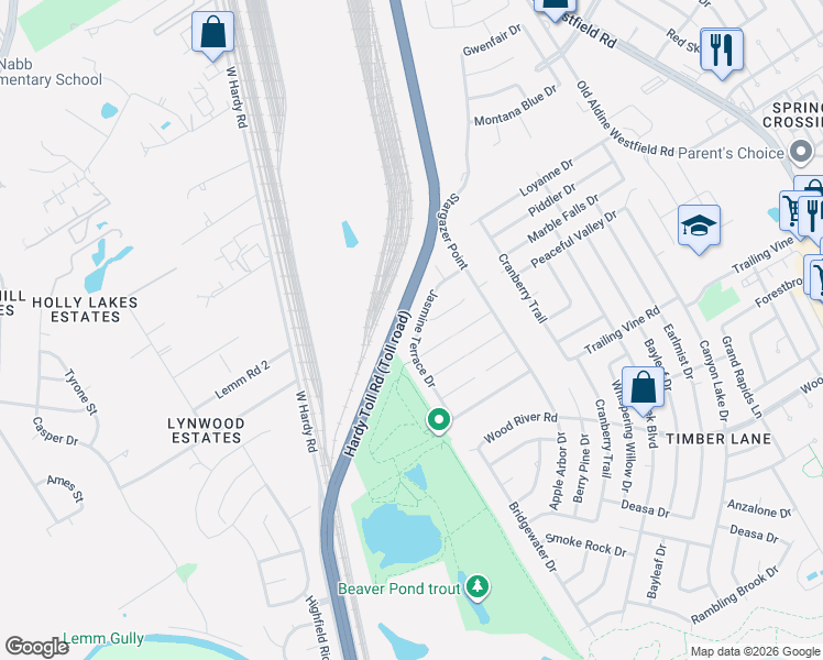 map of restaurants, bars, coffee shops, grocery stores, and more near 23635 Jasmine Terrace Drive in Spring