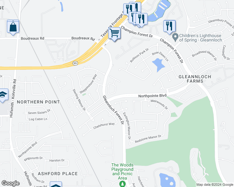 map of restaurants, bars, coffee shops, grocery stores, and more near 1634 Gavin Court in Spring