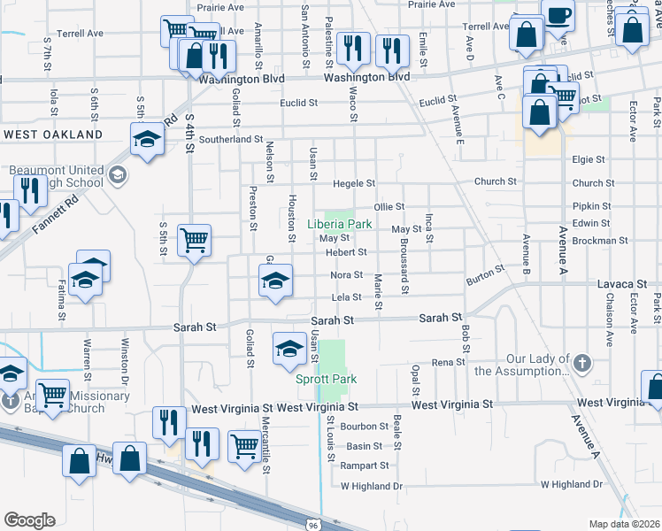map of restaurants, bars, coffee shops, grocery stores, and more near 3960 Lou Street in Beaumont