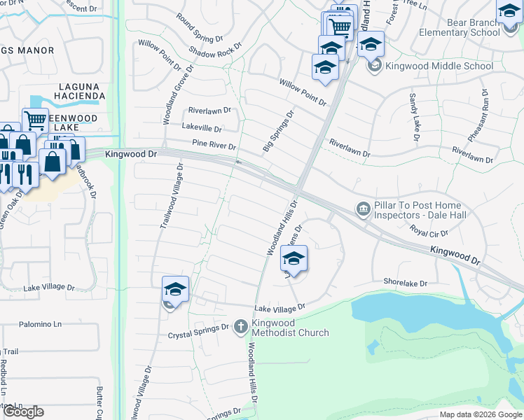 map of restaurants, bars, coffee shops, grocery stores, and more near 2206 River Falls Drive in Humble