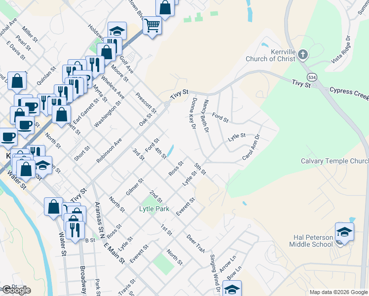 map of restaurants, bars, coffee shops, grocery stores, and more near 1216 5th Street in Kerrville