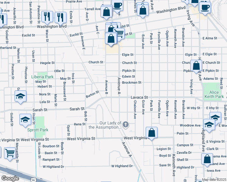 map of restaurants, bars, coffee shops, grocery stores, and more near 4015 Inez Avenue in Beaumont