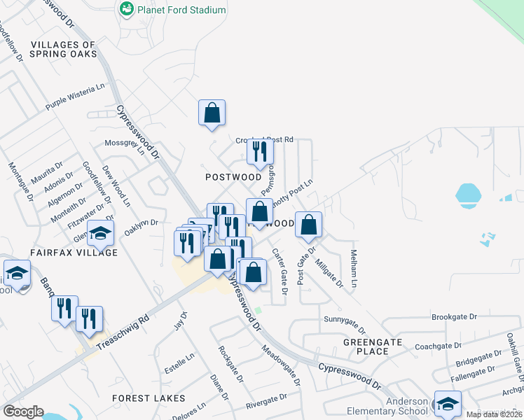 map of restaurants, bars, coffee shops, grocery stores, and more near 23007 Good Dale Lane in Spring