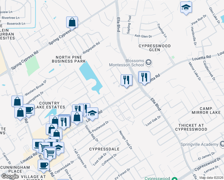 map of restaurants, bars, coffee shops, grocery stores, and more near 19302 Country Village Drive in Spring