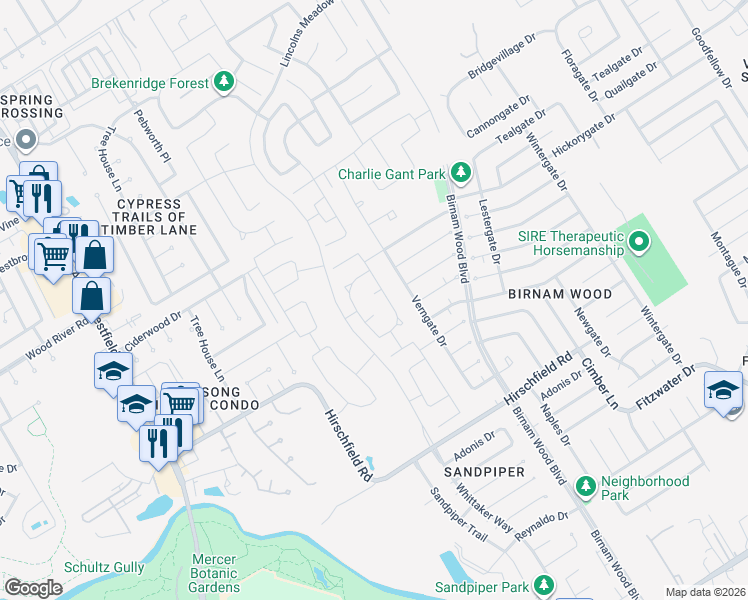 map of restaurants, bars, coffee shops, grocery stores, and more near 23657-23703 Verngate Drive in Spring