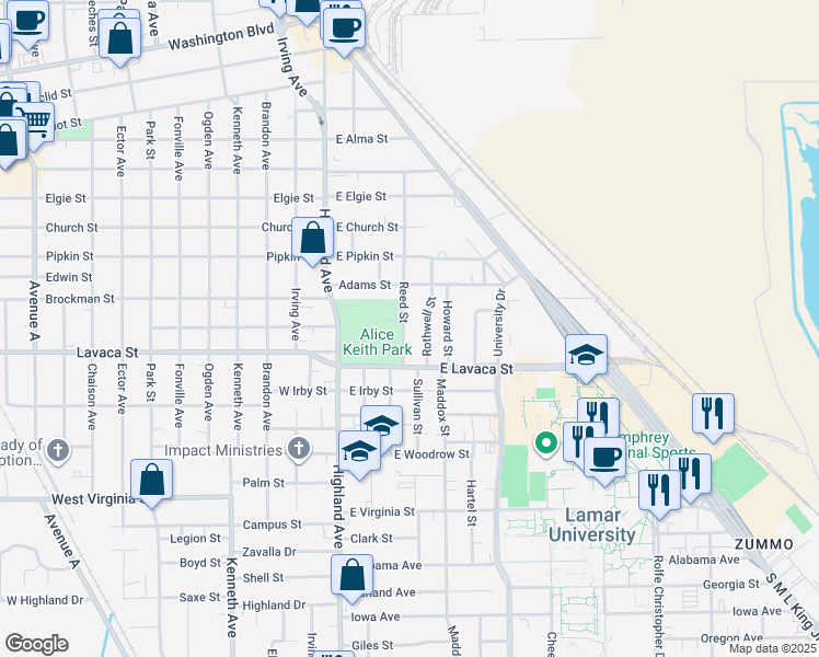 map of restaurants, bars, coffee shops, grocery stores, and more near 4015 Reed Street in Beaumont