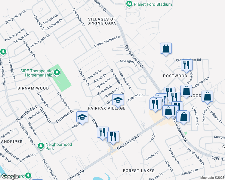 map of restaurants, bars, coffee shops, grocery stores, and more near 5007 Fitzwater Dr in Spring