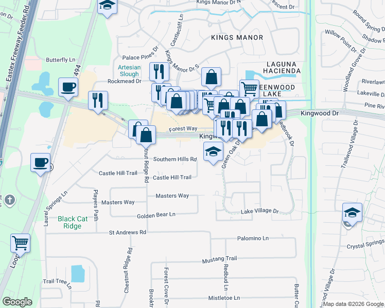 map of restaurants, bars, coffee shops, grocery stores, and more near 1311 Southern Hills Road in Humble