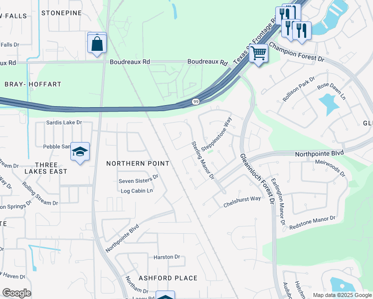 map of restaurants, bars, coffee shops, grocery stores, and more near 1222 Dunston Falls Drive in Spring