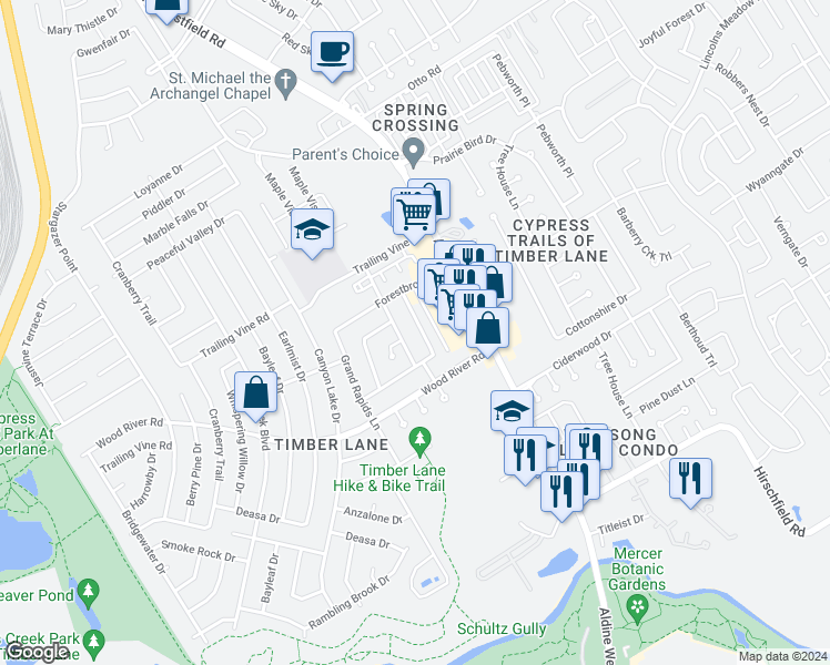 map of restaurants, bars, coffee shops, grocery stores, and more near 23227 Timberbrook Drive in Spring