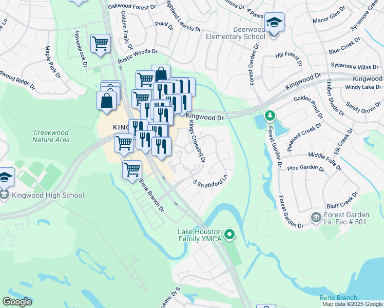 map of restaurants, bars, coffee shops, grocery stores, and more near 2738 King's Retreat Circle in Houston