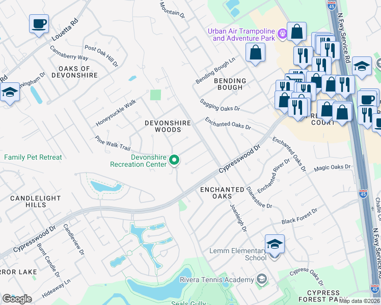 map of restaurants, bars, coffee shops, grocery stores, and more near 523 Pine Walk Trail in Spring