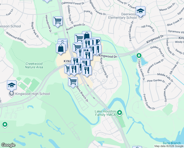 map of restaurants, bars, coffee shops, grocery stores, and more near 2815 Kings Crossing Drive in Humble