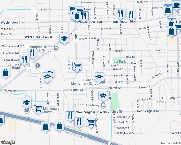 map of restaurants, bars, coffee shops, grocery stores, and more near 3940 Goliad Street in Beaumont