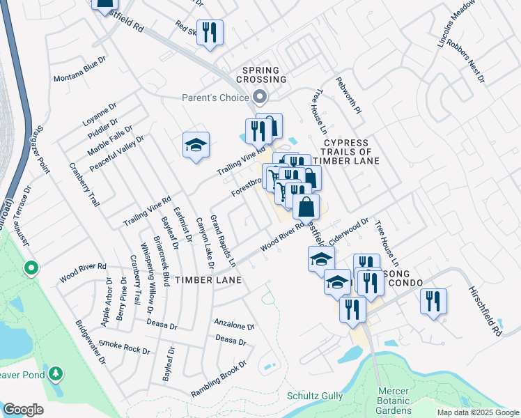 map of restaurants, bars, coffee shops, grocery stores, and more near 23227 Timberbrook Drive in Spring