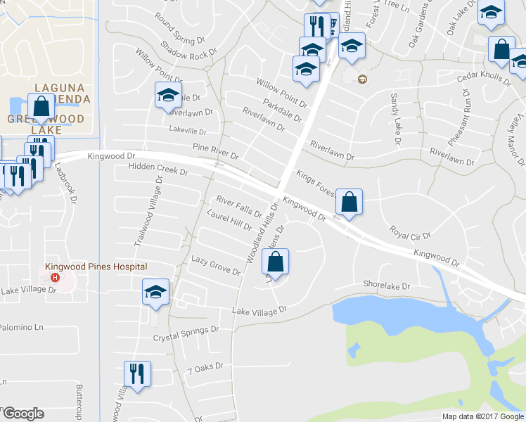 map of restaurants, bars, coffee shops, grocery stores, and more near 2223 River Falls Drive in Houston