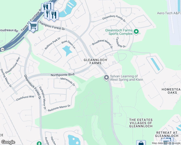 map of restaurants, bars, coffee shops, grocery stores, and more near 9627 Old Timber Lane in Spring