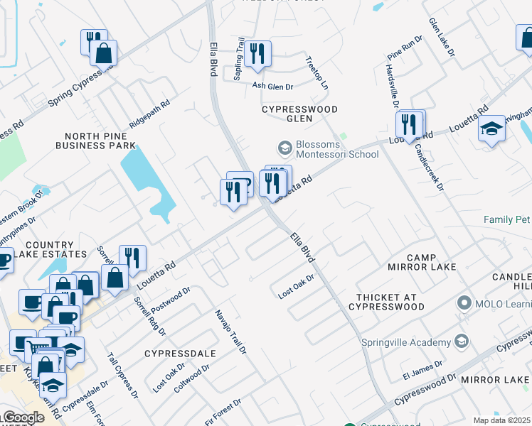 map of restaurants, bars, coffee shops, grocery stores, and more near 3602 Laurel Hollow Drive in Spring