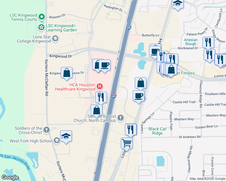 map of restaurants, bars, coffee shops, grocery stores, and more near Eastex Freeway in Houston