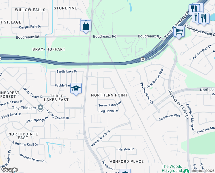 map of restaurants, bars, coffee shops, grocery stores, and more near 11402 Granite Rock Lane in Tomball