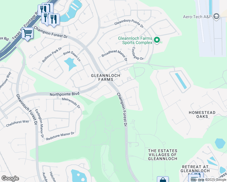 map of restaurants, bars, coffee shops, grocery stores, and more near 19602 Candlewood Oaks Lane in Spring