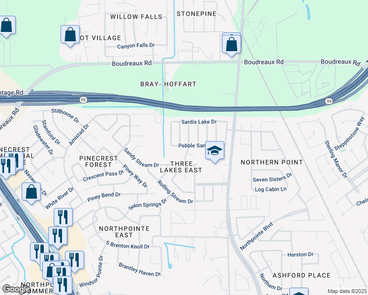 map of restaurants, bars, coffee shops, grocery stores, and more near 11807 Pebble Sands Dr in Tomball