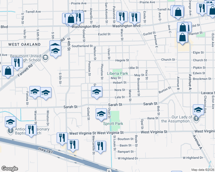 map of restaurants, bars, coffee shops, grocery stores, and more near 3985 Houston Street in Beaumont