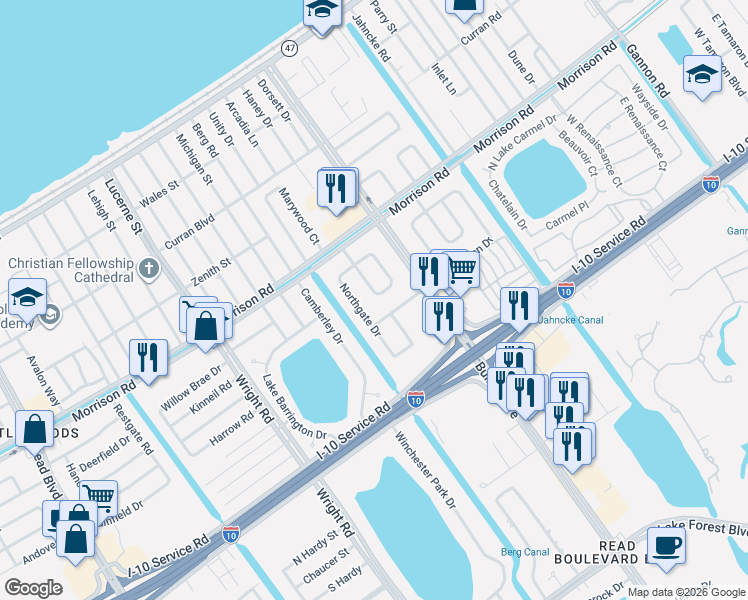 map of restaurants, bars, coffee shops, grocery stores, and more near 7314 Beaconfield Drive in New Orleans