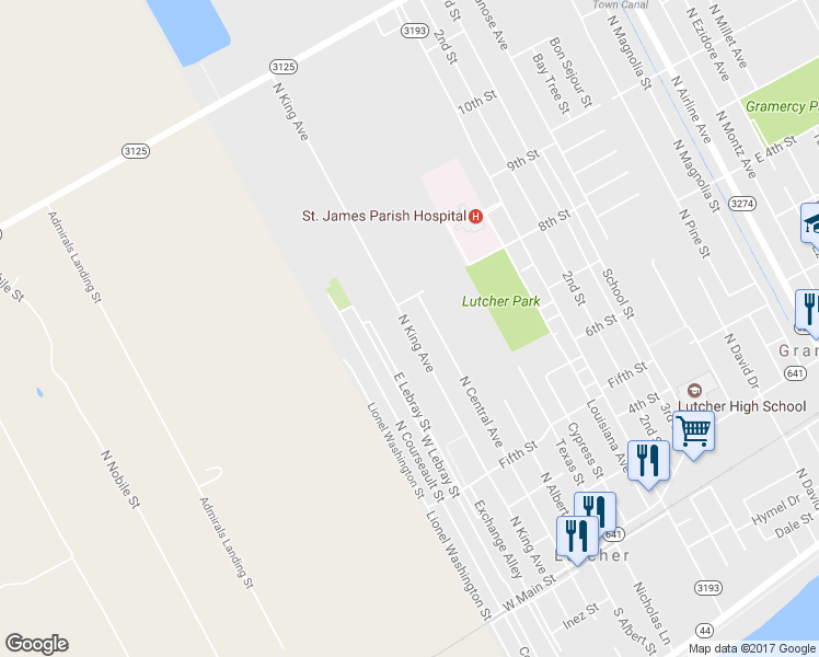 map of restaurants, bars, coffee shops, grocery stores, and more near North King Avenue in Lutcher