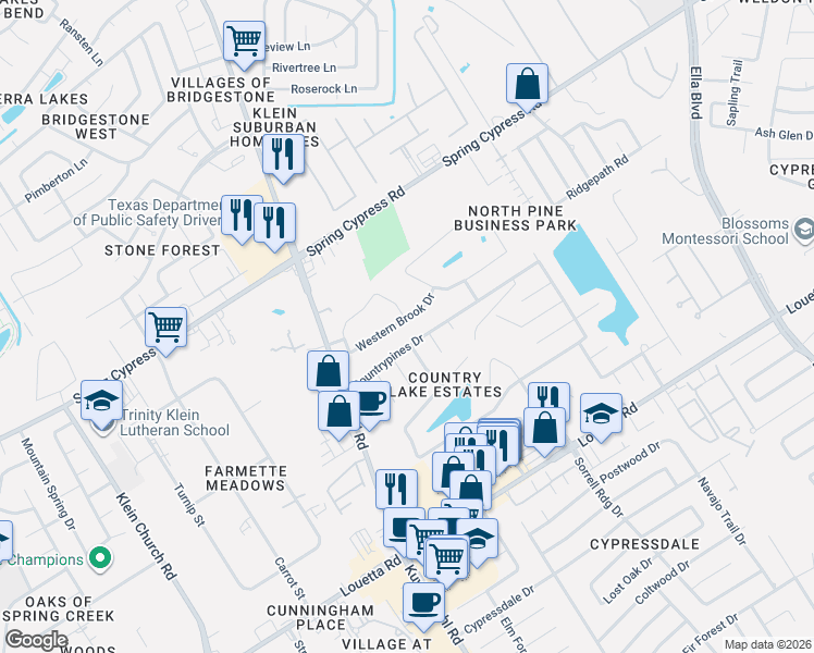 map of restaurants, bars, coffee shops, grocery stores, and more near 4607 Western Brook Drive in Spring