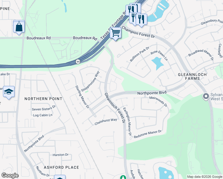 map of restaurants, bars, coffee shops, grocery stores, and more near 1624 Gavin Court in Spring
