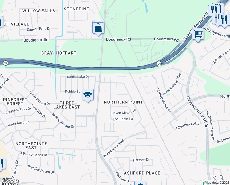 map of restaurants, bars, coffee shops, grocery stores, and more near 19615 Hollington Drive in Tomball