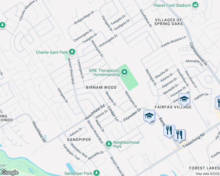 map of restaurants, bars, coffee shops, grocery stores, and more near 23506 Newgate Drive in Spring