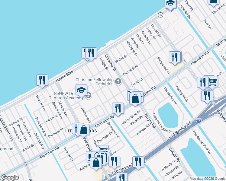 map of restaurants, bars, coffee shops, grocery stores, and more near 7626 Lafourche Street in New Orleans