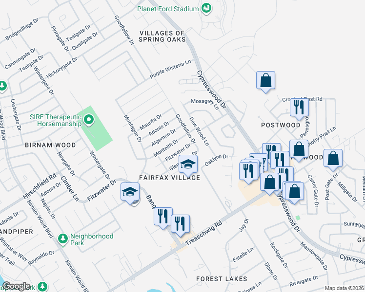 map of restaurants, bars, coffee shops, grocery stores, and more near 5007 Fitzwater Drive in Spring