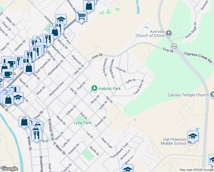 map of restaurants, bars, coffee shops, grocery stores, and more near 1126 Donna Kay Drive in Kerrville