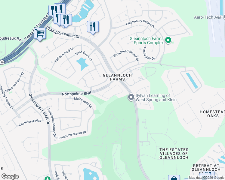 map of restaurants, bars, coffee shops, grocery stores, and more near 9627 Old Timber Lane in Spring