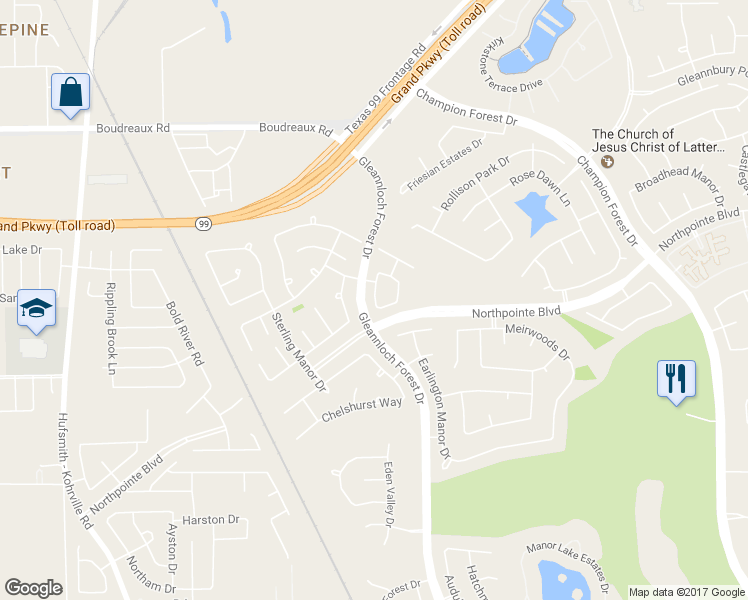 map of restaurants, bars, coffee shops, grocery stores, and more near 1634 Gavin Court in Spring