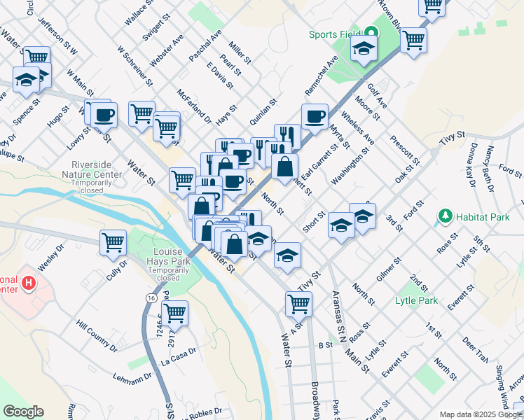 map of restaurants, bars, coffee shops, grocery stores, and more near 412 Earl Garrett Street in Kerrville
