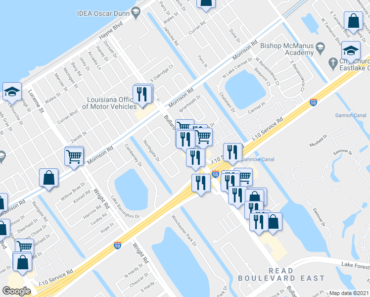 map of restaurants, bars, coffee shops, grocery stores, and more near 11830 West Barrington Drive in New Orleans