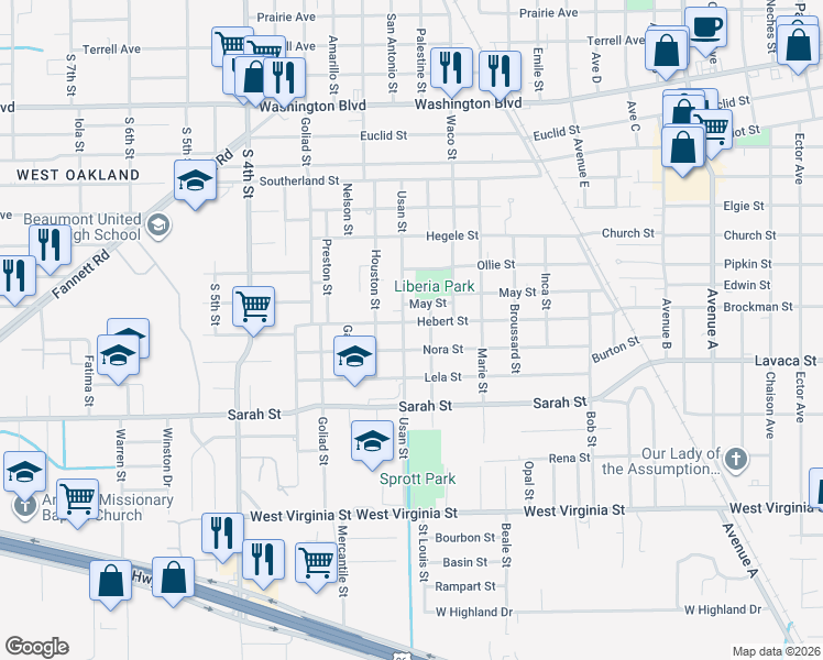 map of restaurants, bars, coffee shops, grocery stores, and more near 3960 Lou Street in Beaumont