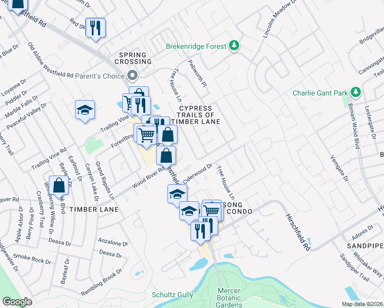 map of restaurants, bars, coffee shops, grocery stores, and more near 23215 Summer Pine Dr in Spring