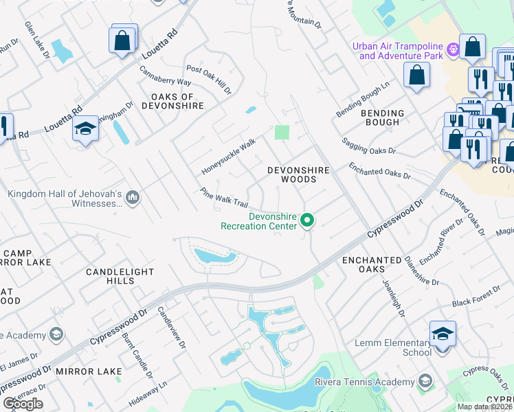 map of restaurants, bars, coffee shops, grocery stores, and more near 19606 Huckleberry Branch Court in Spring