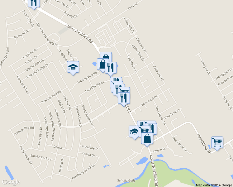 map of restaurants, bars, coffee shops, grocery stores, and more near 23221 Aldine Westfield Road in Spring