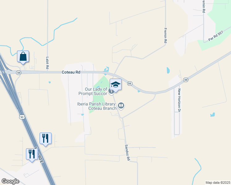 map of restaurants, bars, coffee shops, grocery stores, and more near 2414 Coteau Road in New Iberia