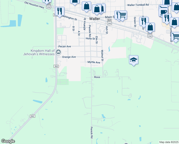 map of restaurants, bars, coffee shops, grocery stores, and more near 18803 Penick Road in Waller