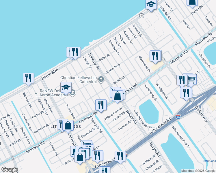 map of restaurants, bars, coffee shops, grocery stores, and more near 7569 Lehigh Street in New Orleans